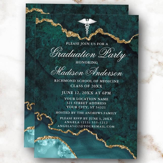 Watercolor Teal Marble Medical Graduation Party Invitation (Customize to change text size, style or to add more text or photos to back of card.)