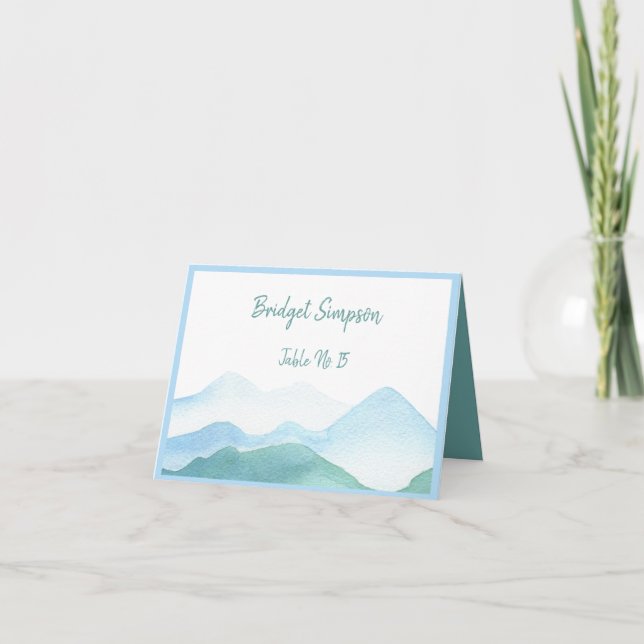 watercolor  teal mountain guest Seating Cards (Front)