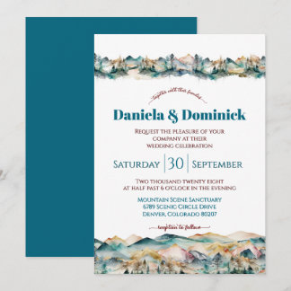 Watercolor Teal Orange Mountain Wedding Invitation