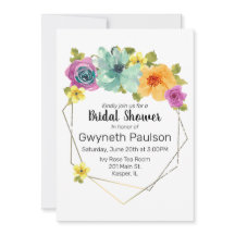 Watercolor Teal Orange Yellow Pink Floral Gold