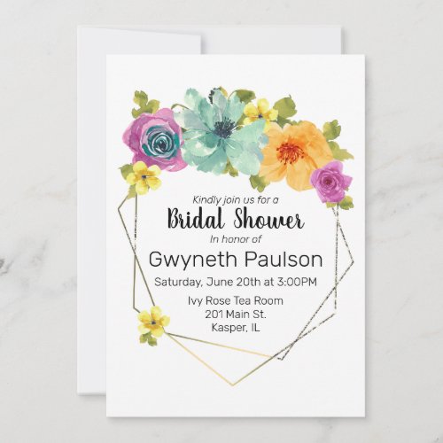 Watercolor Teal Orange Yellow Pink Floral Gold Invitation