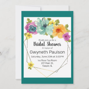 Watercolor Teal Orange Yellow Pink Floral Gold Invitation