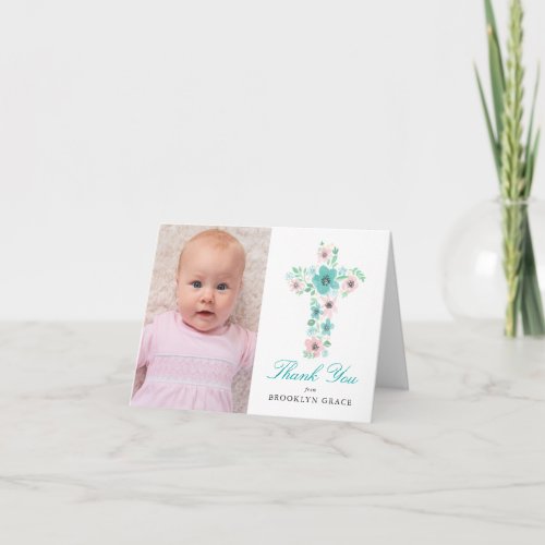 Watercolor Teal  Pink Flower Cross Baptism Photo Thank You Card