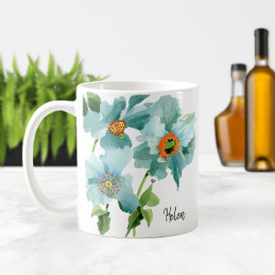 💦 Watercolor Teal Poppies Name or Monogram Coffee Mug