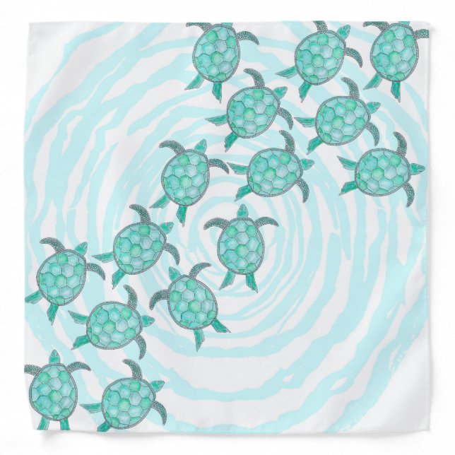 Watercolor Teal Sea Turtles on Swirly Stripes Bandana (Front)
