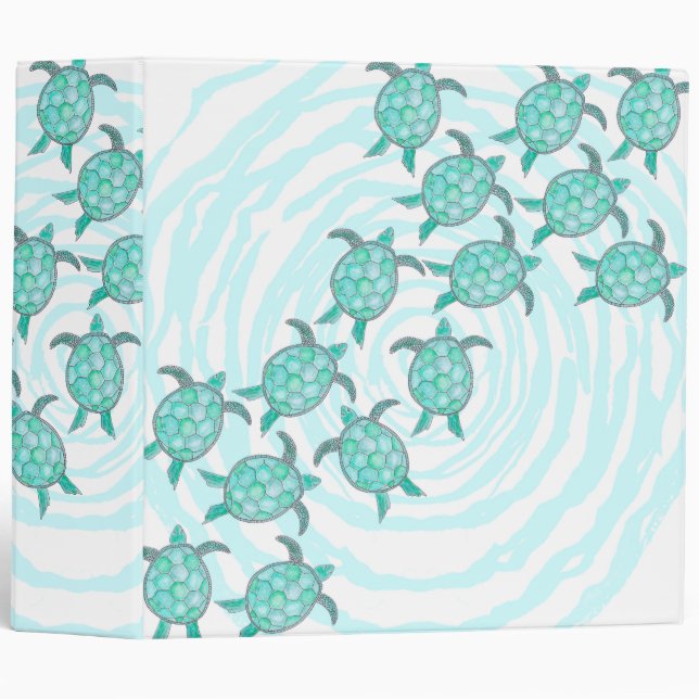 Watercolor Teal Sea Turtles on Swirly Stripes Binder (Front/Spine)