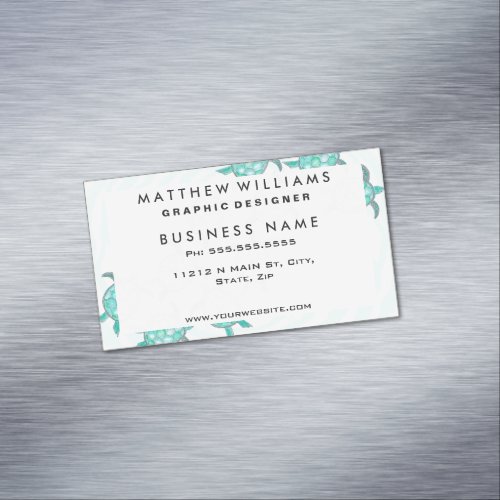 Watercolor Teal Sea Turtles on Swirly Stripes Business Card Magnet