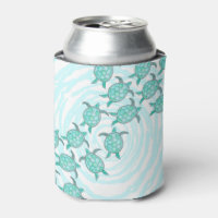 Watercolor Teal Sea Turtles on Swirly Stripes Can Cooler