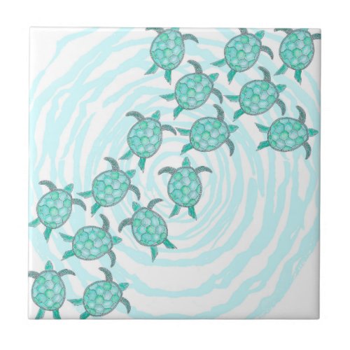 Watercolor Teal Sea Turtles on Swirly Stripes Ceramic Tile