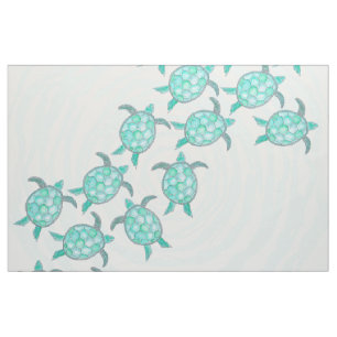 Watercolor Teal Sea Turtles on Swirly Stripes Fabric