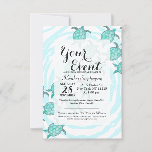 Watercolor Teal Sea Turtles on Swirly Stripes Invitation