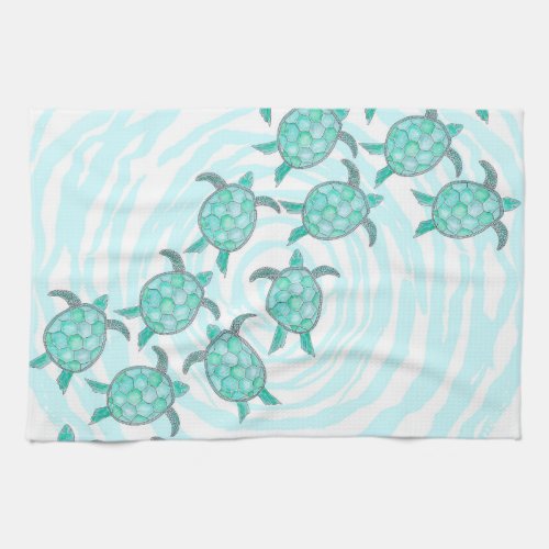 Watercolor Teal Sea Turtles on Swirly Stripes Kitchen Towel