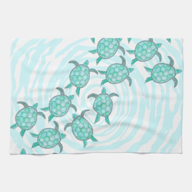 Watercolor Teal Sea Turtles on Swirly Stripes Kitchen Towel (Horizontal)