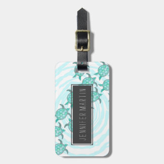 Watercolor Teal Sea Turtles on Swirly Stripes Luggage Tag