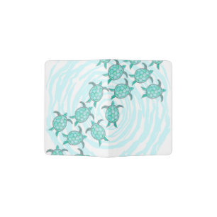 Watercolor Teal Sea Turtles on Swirly Stripes Passport Holder