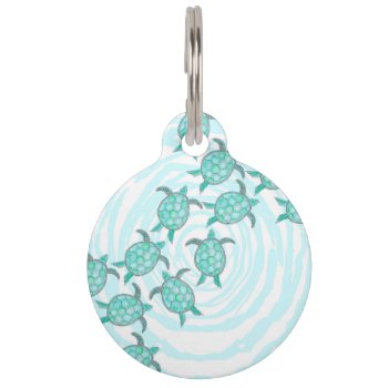 Watercolor Teal Sea Turtles On Swirly Stripes Pet Name Tag by BlackStrawberry_Co at Zazzle