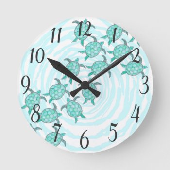 Watercolor Teal Sea Turtles On Swirly Stripes Round Clock by BlackStrawberry_Co at Zazzle