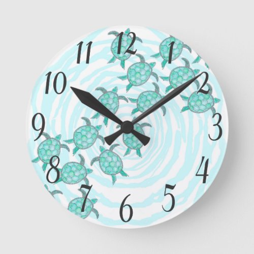 Watercolor Teal Sea Turtles on Swirly Stripes Round Clock