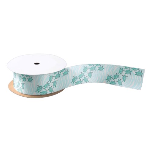 Watercolor Teal Sea Turtles on Swirly Stripes Satin Ribbon