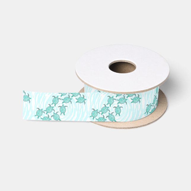 Watercolor Teal Sea Turtles on Swirly Stripes Satin Ribbon (Spool)