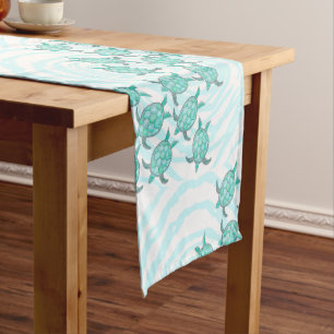 Watercolor Teal Sea Turtles on Swirly Stripes Short Table Runner