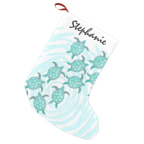 Watercolor Teal Sea Turtles on Swirly Stripes Small Christmas Stocking