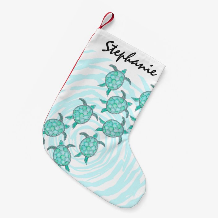 Watercolor Teal Sea Turtles On Swirly Stripes Small Christmas