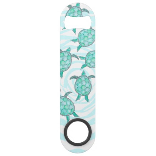 Watercolor Teal Sea Turtles on Swirly Stripes Speed Bottle Opener