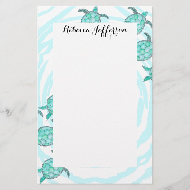 Watercolor Teal Sea Turtles on Swirly Stripes Stationery (Front)
