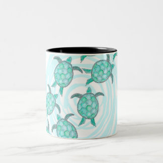 Watercolor Teal Sea Turtles on Swirly Stripes Two-Tone Coffee Mug