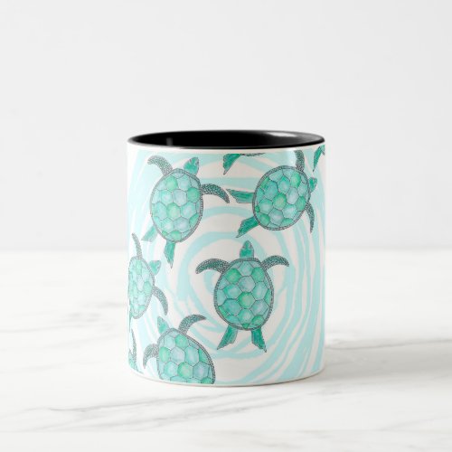 Watercolor Teal Sea Turtles on Swirly Stripes Two_Tone Coffee Mug