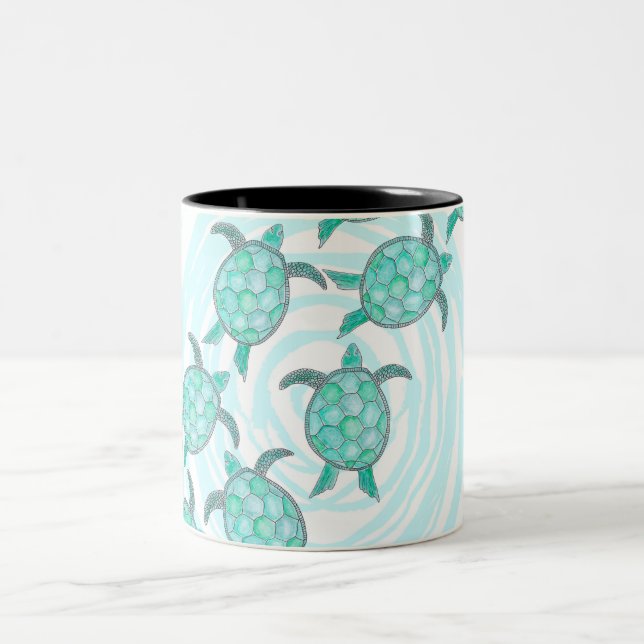 Watercolor Teal Sea Turtles on Swirly Stripes Two-Tone Coffee Mug (Center)