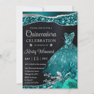Watercolor Teal Silver Glitter Dress Quinceanera Invitation