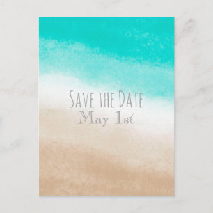Watercolor Teal & Tan Beach Wedding Save the Date Announcement Postcard
