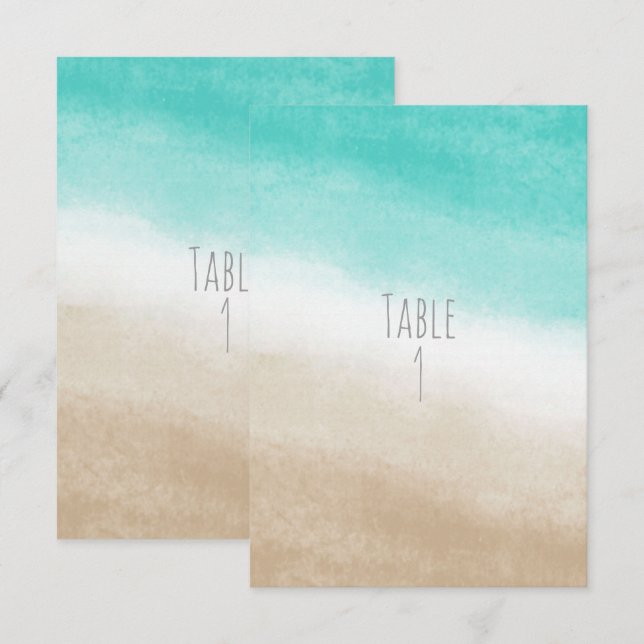 Watercolor Teal & Tan Elegant Beach Wedding Table Invitation (Front/Back)