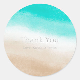 Watercolor Teal & Tan Subtle Beach Wedding Classic Round Sticker