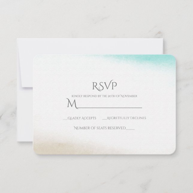 Watercolor Teal & Tan Subtle Beach Wedding RSVP (Front)