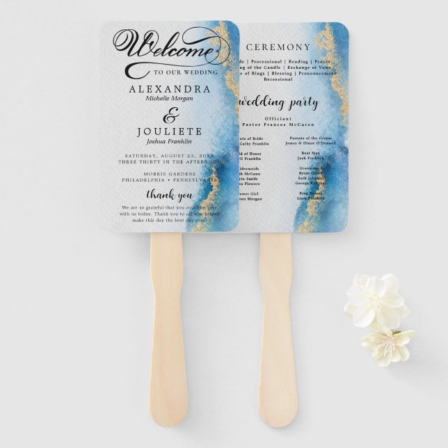  Watercolor | Teal Wedding Program Hand Fan (Front and Back)