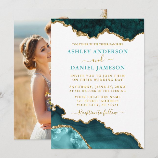 Watercolor Teal White Gold Geode Marble Photo Invitation (Front/Back)