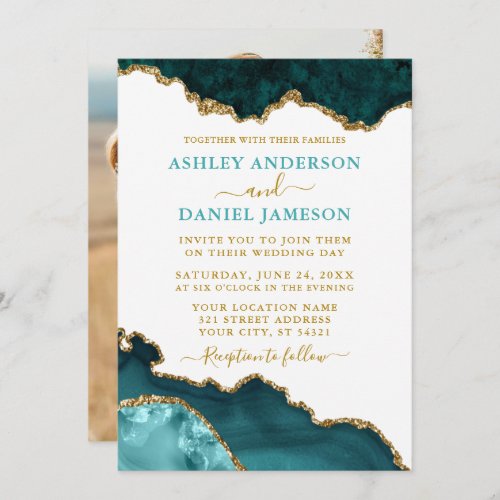 Watercolor Teal White Gold Geode Marble Photo Invitation