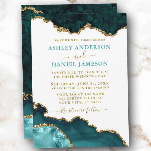 Watercolor Teal White Gold Geode Marble Wedding Invitation