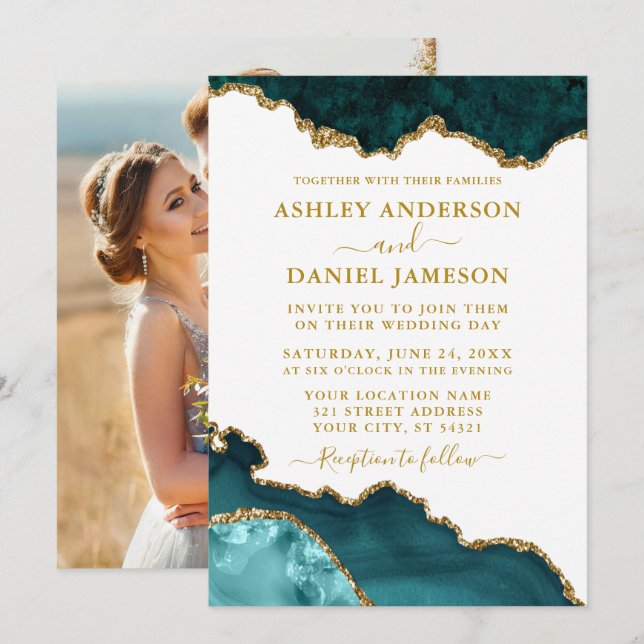 Watercolor Teal White Gold Marble Geode Photo Invitation (Front/Back)