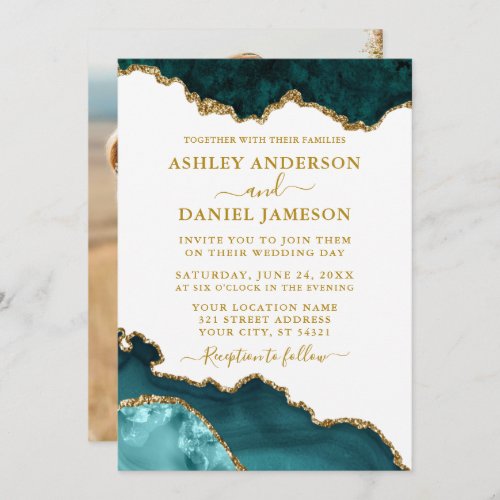 Watercolor Teal White Gold Marble Geode Photo Invitation