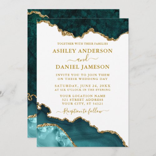 Watercolor Teal White Gold Marble Geode Wedding Invitation