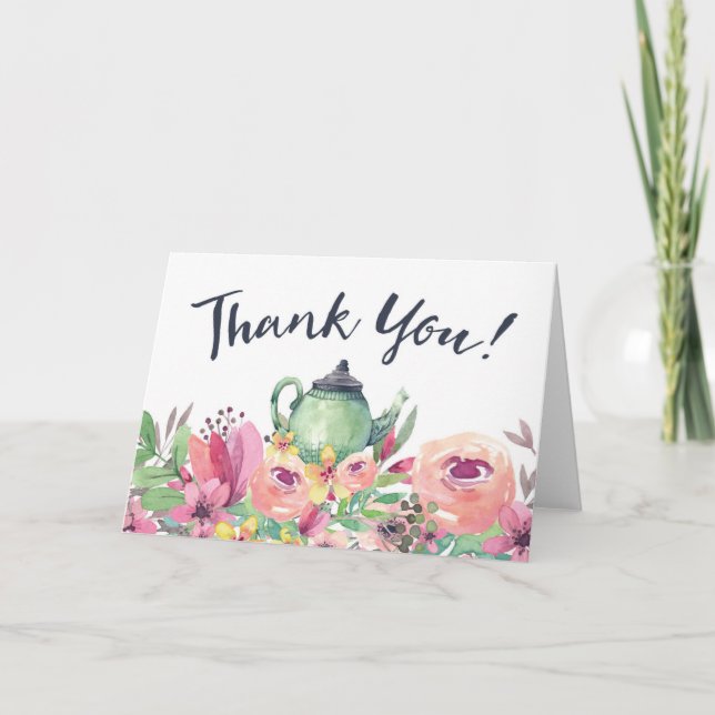 Watercolor Teapot and Floral Thank You Card (Front)