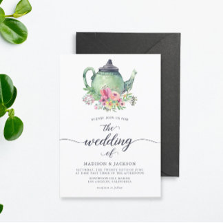 Watercolor Teapot and Floral Wedding Invitation