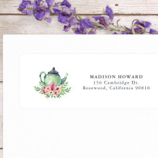 Watercolor Teapot and Flowers Return Address Label