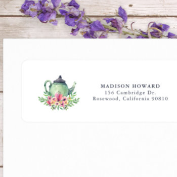 Watercolor Teapot And Flowers Return Address Label by lilanab2 at Zazzle