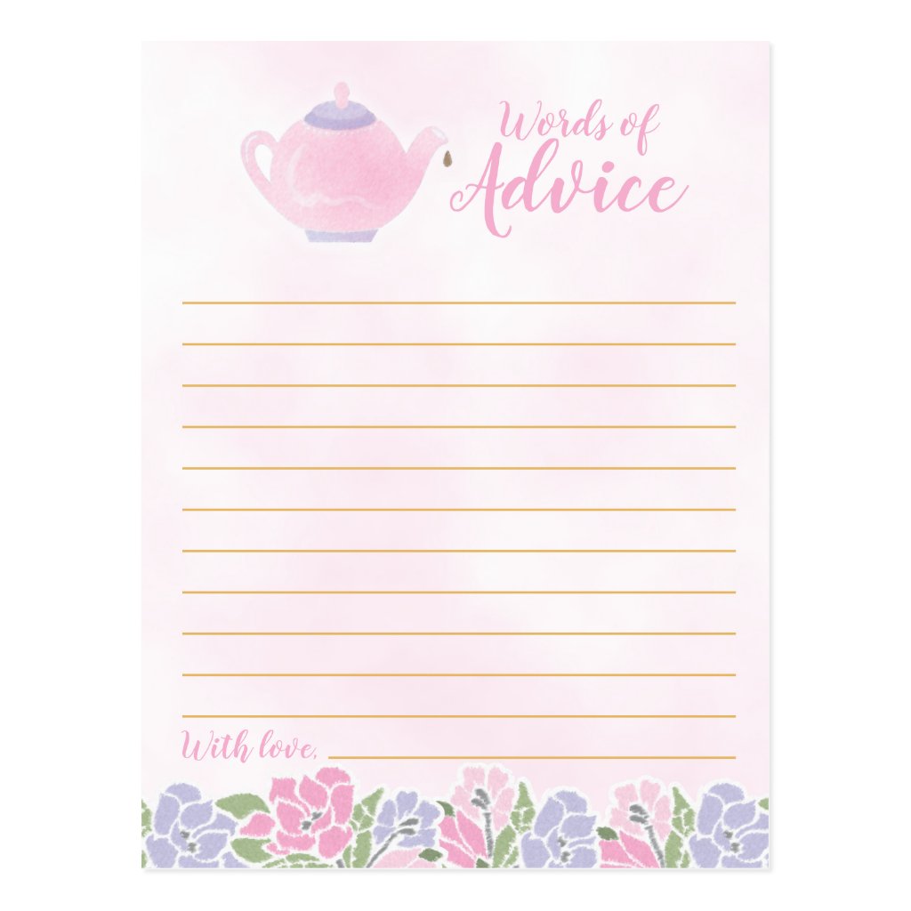 Watercolor Teapot Baby Shower Words of Advice Postcard