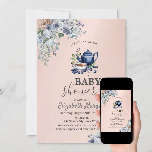 Watercolor Teapot Blueberry Floral Baby Shower Invitation Zazzle